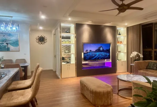 Luxury 3-bedroom apartment for rent at Star Lake, Tây Hồ Tây, 112m², fully furnished with living room, bedroom, kitchen, bathroom, and balcony.